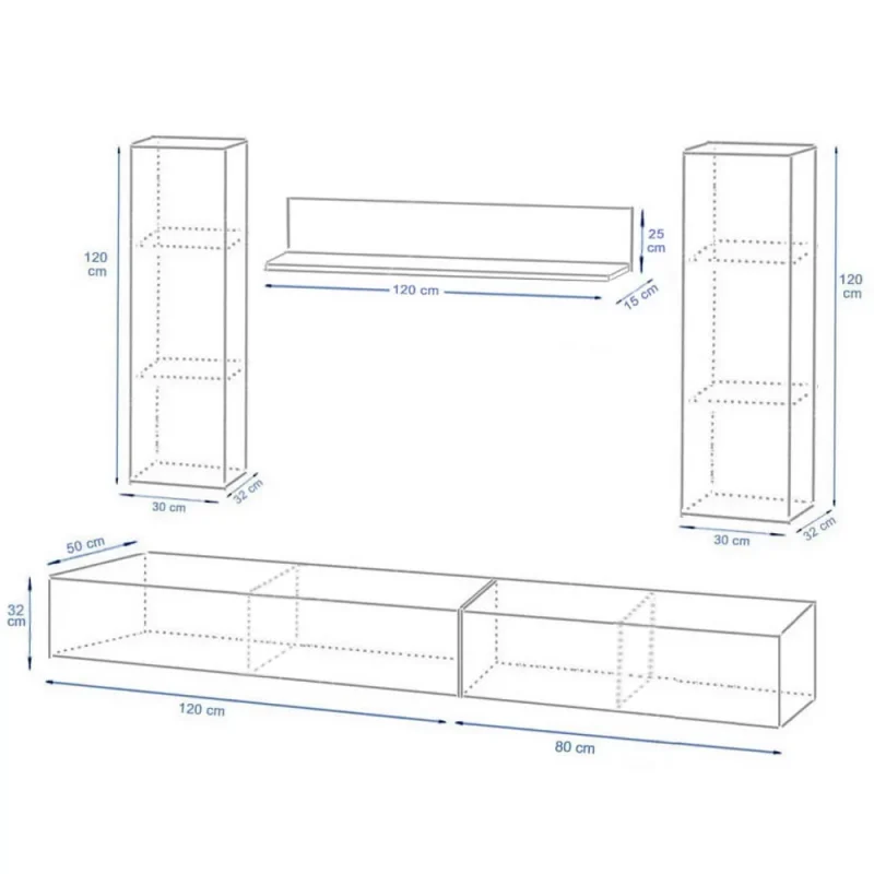 schita living elton 2 m PAL si MDF cu 4 dulapuri modulare si o etajera