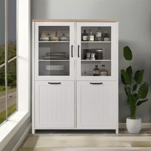 Vitrina cu 4 usi 2 din PAL si 2 cu sticla Alb si Stejar Pietros