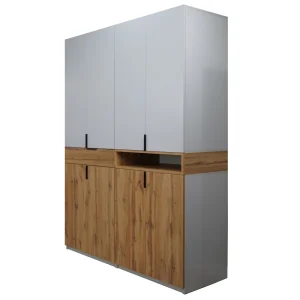 Dulap King 4r din PAL Stejar Gold si Gri deschis cu sertar polite si bare de haine