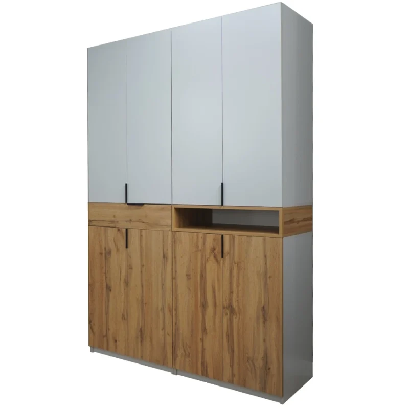 Dulap King 4r din PAL Stejar Gold si Gri deschis cu sertar polite si bare de haine