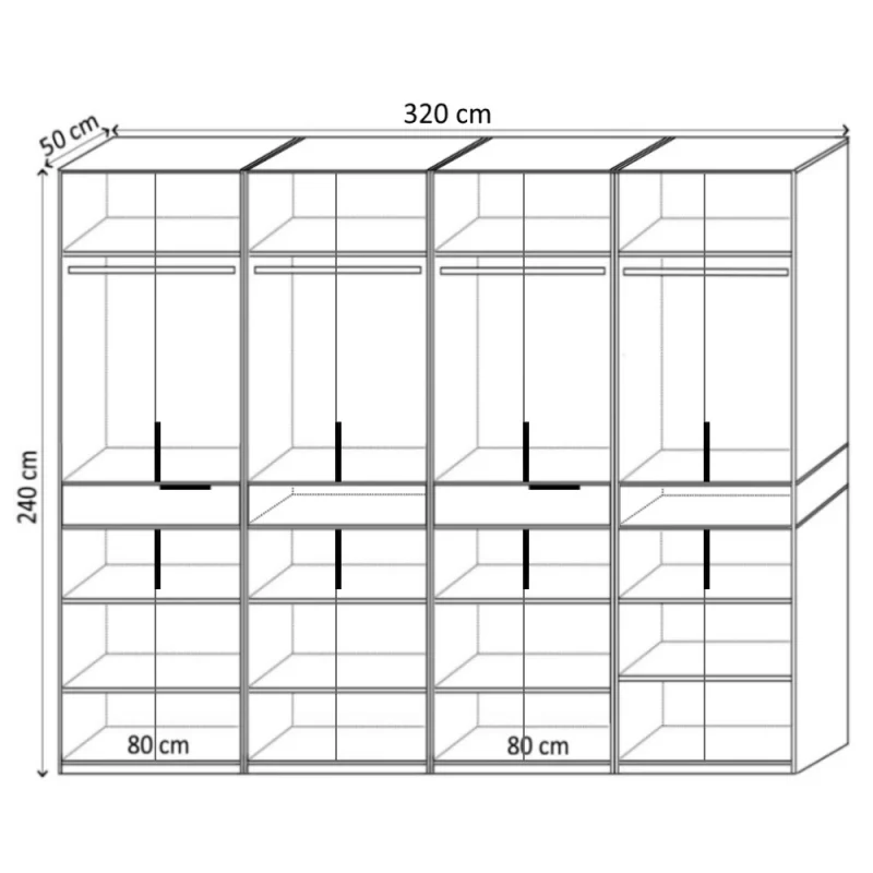 Dulap King 8r Gri deschis / Stejar Gold L 320 x H 240 x A 50 cm, cu 2 sertare si rafturi, Balamale Soft close si Glisiere Hafele, PAL 18 mm, Depozitare ampla, Compartimentare Flexibila
