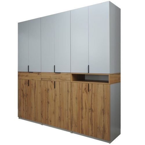 Dulap King Gold 6r oriz pp dulap king cu 2 sertare Stejar Gold / Gri cu rafturi si bare de haine