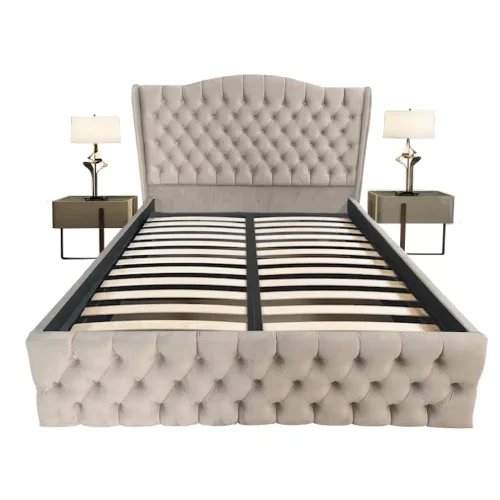 Pat tapitat Doha dublu, Crem deschis, catifea, somiera rabatabila, spatiu depozitare, 140 160 180 200 x 200 cm