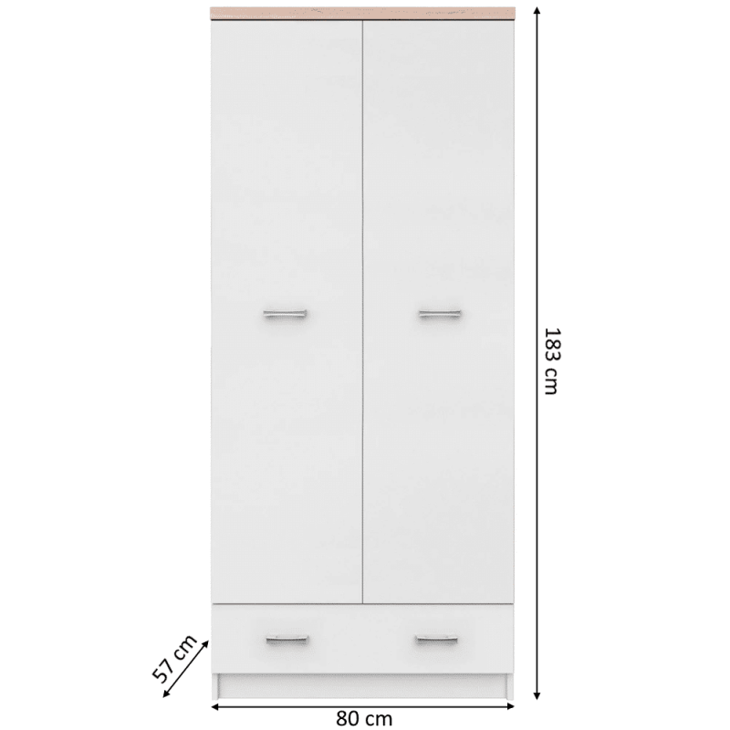14.1 Dulap Lara 2 usi 1 sertar Alb cu Stejar Sonoma 80x57x183 dimensiuni dulap in 2 usi cu sertar din PAL
