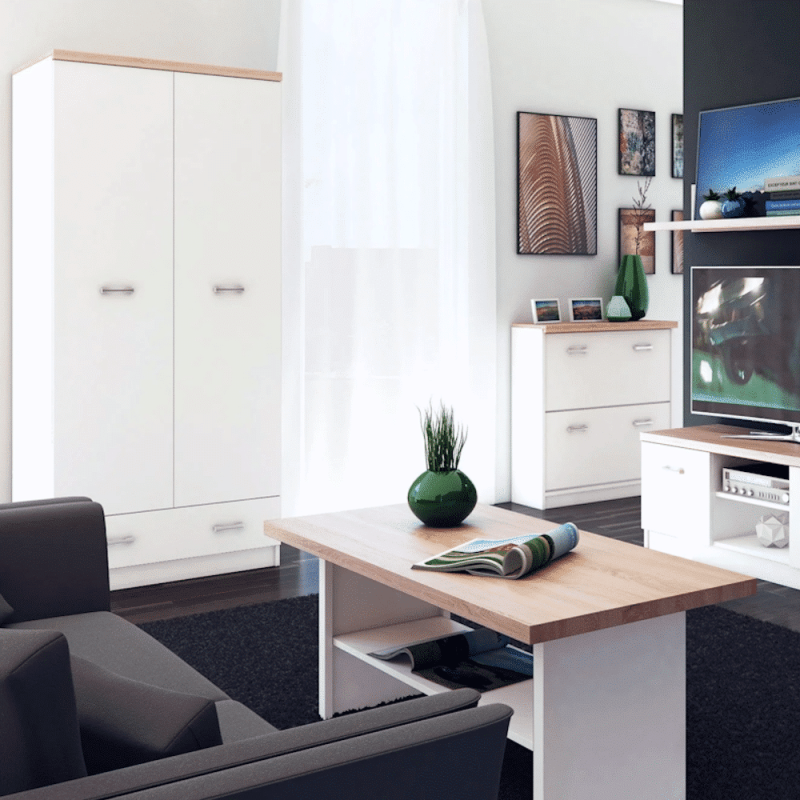 14.3 Dulap Lara 2 usi 1 sertar Alb cu Stejar Sonoma 80x57x183 dulap cu 2 usi si 1 sertar din PAL Alb si Stejar Sonoma