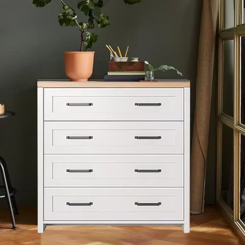 3.0.Comoda Lara Verne 4 sertare Alb cu Stejar Pietros_ Comoda Verne cu 4 sertare din PAL Alb si Stejar Pietros