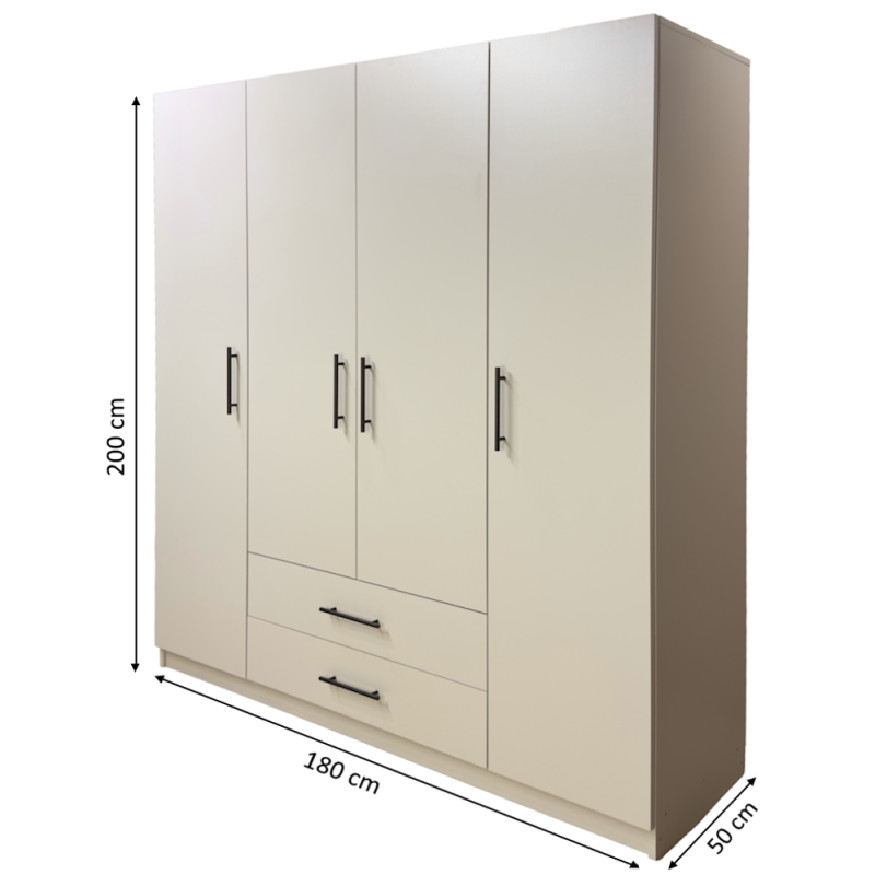 Dulap Salonic cu sertare manere negre 4 Un dulap absolut necesar in orice locuinta, complex, cu rafturi, bara haine, sertare, balamale cu amortizor, materiale de calitate, solid, incapator, design modern